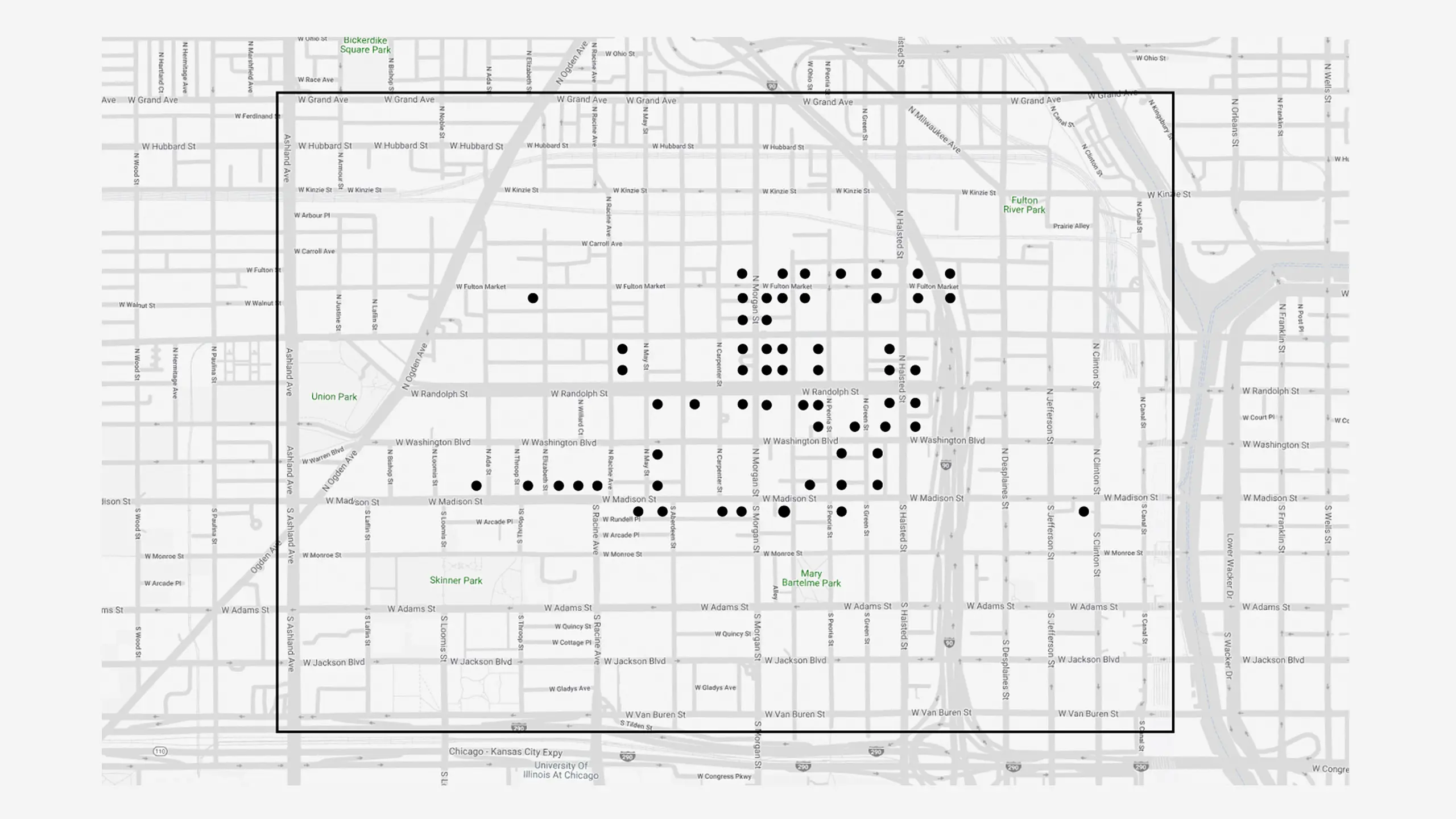 A map showing a grid of West Loop streets of Chicago with numerous black dots concentrated in the central area within a marked rectangular boundary.