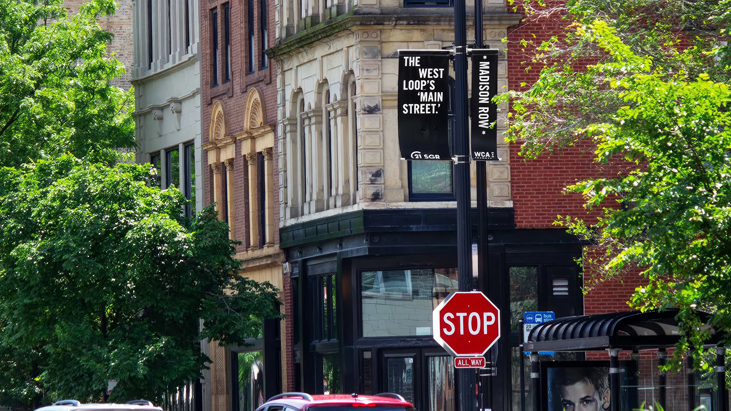A street corner with a stop sign, trees, and buildings including one with a sign that reads "The West Loop's Main Street."